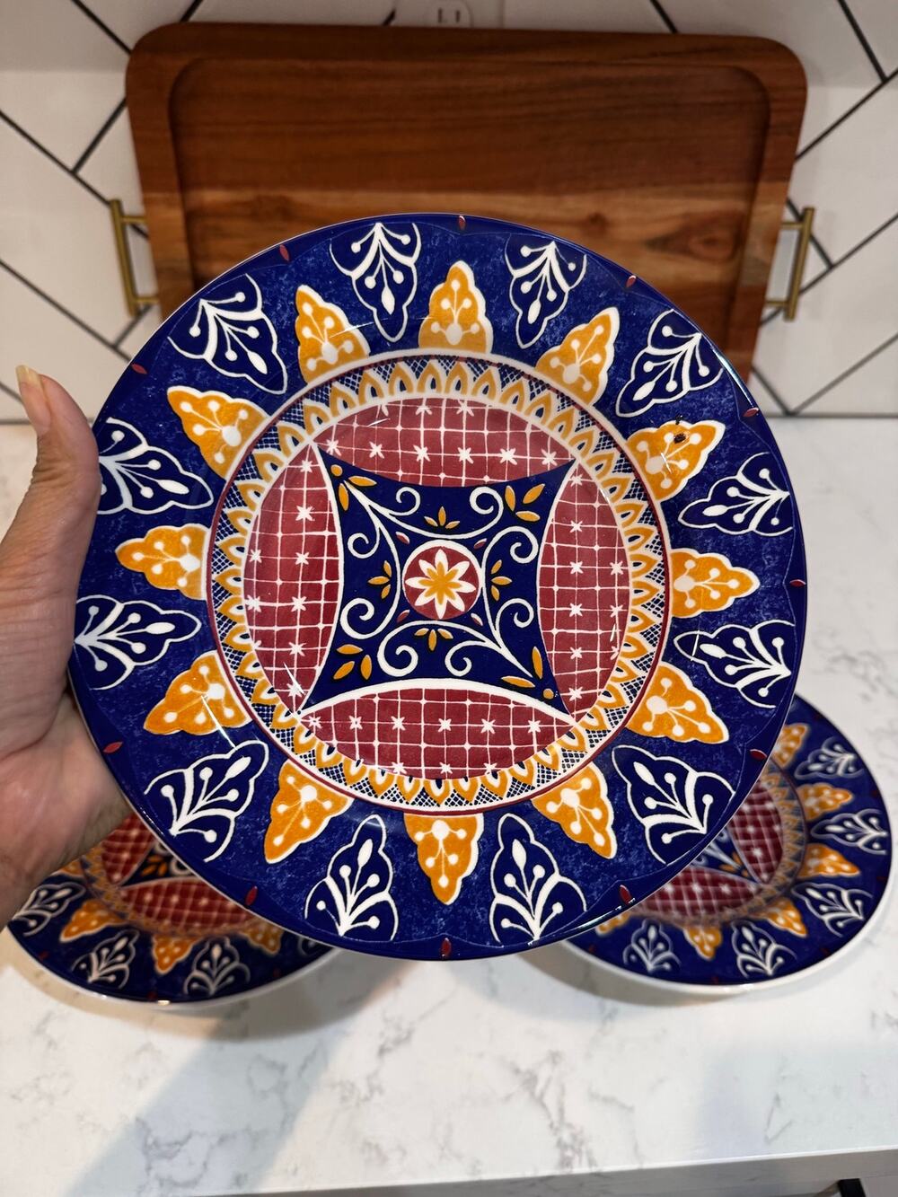 Pier 1 Vizcaya collection rimmed soup/pasta bowl medallion blue red yellow x6